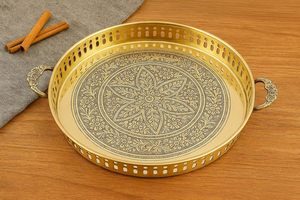 Round Gold Serving <b>Tray</b> with Handles Decorative Engraved Metal Tea Coffee <b>Snack</b> Serving Platter for Home Dining - Product Image 5