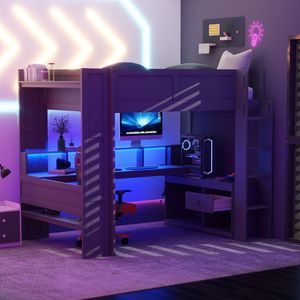 Dark Gray Full-Size Gaming Loft <b>Bed</b> with <b>LED</b> Charging Station & Multi-Storage Shelves Kids' <b>Bed</b> Desk Shelves Old SKU SM000374AAE - Product Image 1