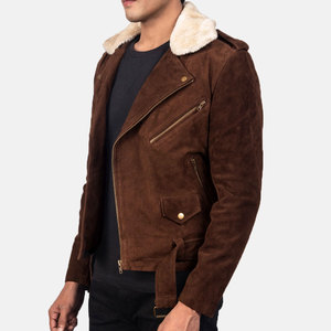 <b>Men's</b> Brown <b>Suede</b> Motorcycle <b>Jacket</b> With Faux Fur Lining Zipper Closure Winter Moto Biker Style Slim Fit - Product Image 3
