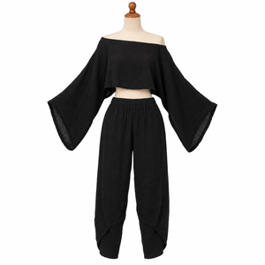 Womens Black 2 Piece Co Ord Set Wide Sleeve Crop <b>Top</b> Elastic Waist Harem Pants Casual Lounge Outfit|Boho Everyday Wear co-rd set - Product Image 1