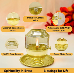Lampe à huile en laiton pur Akhand Jyot Diya avec couvercle en verre et plateau intégré, longue durée de combustion, pour la maison, le bureau, la Puja, l'Aarti, le temple et la méditation - Product Image 6