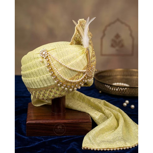 ผ้าโพกหัวสีเขียวมะนาวมุก ดีไซน์เนอร์ Royal Safa พร้อมผ้าไหม Kalgi สำหรับเจ้าบ่าว - Product Image 2