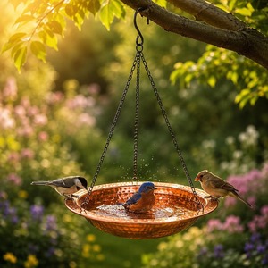 Mangeoire à oiseaux suspendue en cuivre avec texture martelée, chaîne de suspension en cuivre, design moderne éclairé pour jardin extérieur et cour arrière - Product Image 1