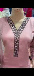 Vestido de Seda Rosa Pálido de Manga Corta, con Bordes Festoneados, Elástico en Cuatro Direcciones, Talla Grande, Lujoso, Festivo, para Primavera - Product Image 2