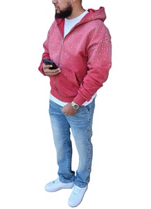 Custom Logo Men's Vintage Flooded Rhinestones Zip Hoodie Cotton Blended Breathable Streetwear Acid Wash Hoodie For Men - Product Image 3