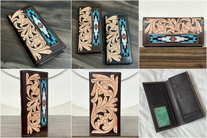 High Quality Wholesale Beaded Slim Woman <b>RFID</b> Genuine Tooled Leather Card Holder Customized Floral Pattern Long <b>Wallets</b> for Men - Product Image 3