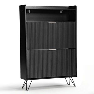 Two-Compartment Shoe Cabinet with Slatted Front and <b>Side</b> Panels Top Flip-Up Lids High Legs Two Hooks Shoe Racks - Product Image 3