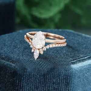 Ensemble de bagues de fiançailles en moissanite en forme de poire, vintage, argent sterling 925, plaqué or 14 carats, style Art Déco, bague de mariée - Product Image 2