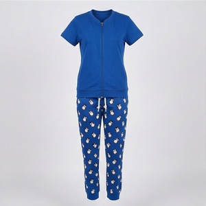 Conjunto de pijama azul de 2 piezas para mujer con estampado de pingüinos, top con cremallera frontal y pantalones largos, ropa informal para todas las estaciones - Product Image 1