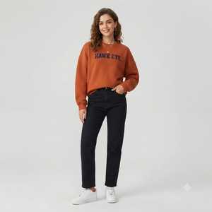HAWK EYE SPORTS Ensemble sweat-shirt et pantalon pour femme, style streetwear, col rond, épaules tombantes, respirant, 360g, 100% coton, automne/hiver - Product Image 1