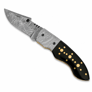 Jexmoo OEM Handmade Damascus Steel Multi-Functional Pocket Knife Black Handle Gold Dots Leather Sheath for Gifts Outdoor Use - Product Image 3