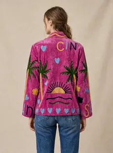 Pink <b>Velvet</b> Cotton Suzani Embroidered <b>Jacket</b> <b>Women</b> Handmade Tropical Sun Palm Heart Boho Ethnic Fashion Coat Wholesale - Product Image 3