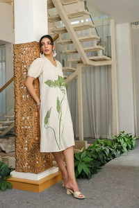 Vestido Formal Ecológico para Mujer, de Algodón con Inspiración Natural, Largo hasta la Rodilla, Venta al por Mayor, Corte Regular, Tonos Tierra, Tejido Floral Suave - Product Image 2