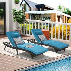 Juego de sillones reclinables de 150 grados para exteriores, tumbona larga de mimbre con 2 cojines para playa, piscina, jardín, césped, tomar el sol - Product Image 2