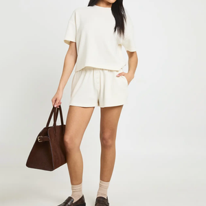 Hot Sell Plain Sexy Casual Summer 2 Piece Loose Custom Embroidery Breathable Waffle <b>Knit</b> Thermal Tee Shorts Loungewear Women <b>Set</b> - Product Image 4
