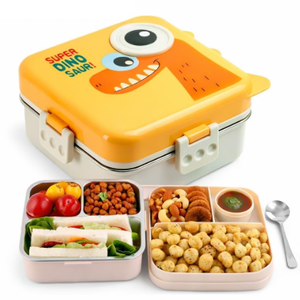Cartoon Cute Square Children's Bento Box Dipping Sauce Box Utensils BPA Free Plastic Stainless Steel 3 Compartments <b>Microwave</b> - Product Image 1