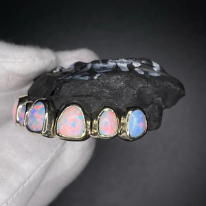 Grillz dentaire Hiphop en or massif plaqué 22 carats avec incrustation d'opale, pour homme, usage quotidien, sertissage clos, bijou corporel - Product Image 1