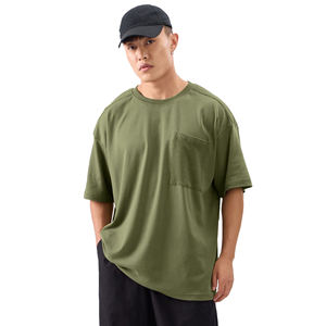 T-shirt Homme Vert Olive Surdimensionné à Poches, Col Rond en Mélange de Coton, Style Décontracté Streetwear, Marque Privée Personnalisée - Product Image 6
