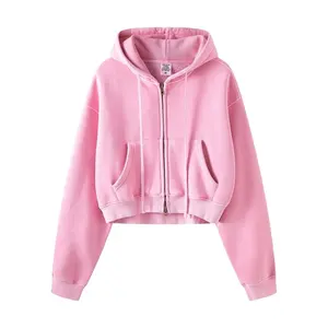 2024 New Wholesale Customized Casual Clothing Women's Washed Double Zipper Fleece Hoodie Women Solid Crop Hoodie