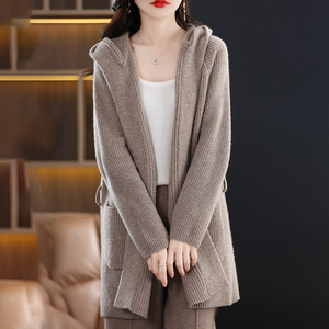 Cárdigan con Capucha de Punto Acanalado 100% Cachemira para Mujer, Cuello en V, Largo Medio, Suéter de Invierno - Product Image 4