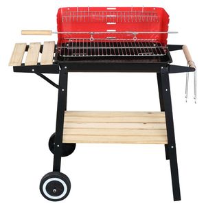 85*42*86cm Black Red Square Enamel Charcoal Oven with Four Legs and Wheels for Outdoor BBQ Grills - Product Image 1