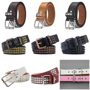 Ceinture en cuir de vachette noir avec clous pyramidaux argentés, boucle à ardillon, style décontracté, durable, moulage monobloc - Product Image 6