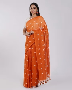 KV Reiya <b>Orange</b> Embroidered Mulmul Cotton <b>Saree</b> - Product Image 2