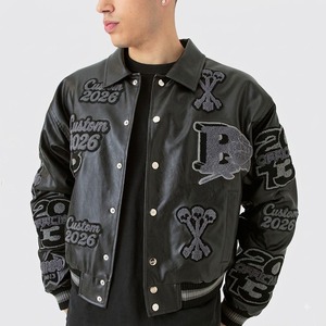 Veste zippée en cuir véritable pour homme, style Letterman, avec patchs brodés en chenille personnalisés, design crânes, col rabattu, style moto - Product Image 2