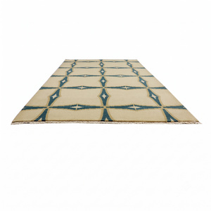 Alfombra de Lana Ecológica Azul Turquesa y Marfil con Diseño Geométrico de Rejilla y Motivo de Diamante y Estrella para Sala de Estar, Dormitorio e Interiores de Hotel - Product Image 2