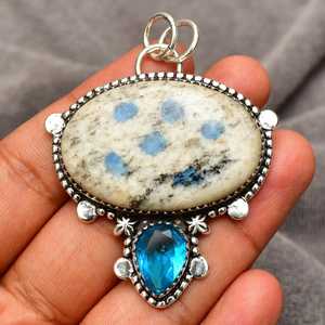 Collier pendentif K2 Azurite fait main en argent sterling 925, bijoux en pierres précieuses, pierre naturelle bleue et blanche, collier pour femme, cadeau - Product Image 1