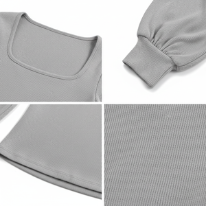 Haut de sport côtelé à col carré et manches bouffantes, tricoté ajusté à manches longues, respirant et flexible, avec poignets côtelés, personnalisable OEM, fabricant en gros - Product Image 5