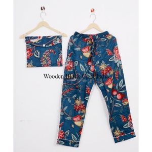 Ensemble de pyjama en coton indien imprimé à la main, vêtements de nuit élégants et tendance pour femmes et hommes, respirant, 100% coton pour l'été - Product Image 2
