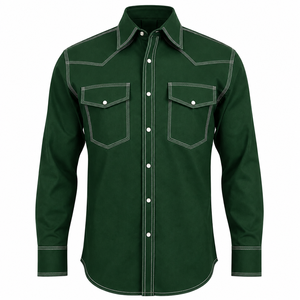 Camisa de Trabajo de Algodón Verde Estilo Western para Hombre 2026, Manga Larga, Cómoda, con Bolsillos en el Pecho y Detalle de Aguja - Product Image 1