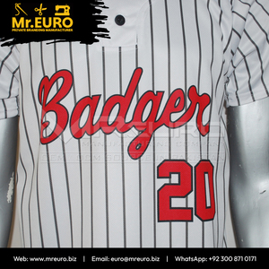Custom Sublimation Baseball Jersey Badger 20 <b>Striped</b> <b>White</b> <b>Black</b> Short Sleeve Unisex Loose Fit Adult Team Apparel Front - Product Image 6
