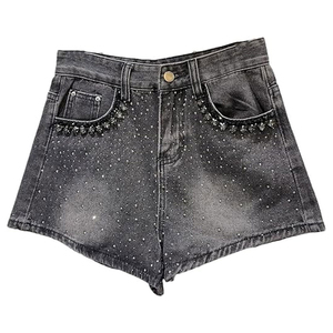 Shorts en jean taille haute décontractés pour femme, nouvelle collection été, couleur unie, coupe ample et large - Product Image 1