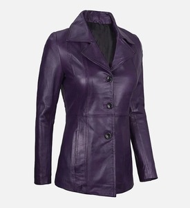 Blazer de luxe pour femme en cuir véritable couleur cognac riche, avec décoration en fourrure, doublure en polyester, nouvelle collection printemps-automne, teinture unie, traitement enduit - Product Image 3