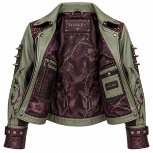 Olive Green Burgundy Women Genuine Leather Jacket Floral Skull Print Spike Metal <b>Studded</b> Biker Outerwear Custom Oem Odm Offer - Product Image 5