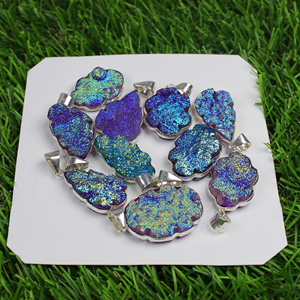 Natural <b>Titanium</b> Coated Druzy Gemstone Bezel Pendant Silver Plated Brass Jewelry Simple Boho Necklace Wholesale Jewelry - Product Image 6