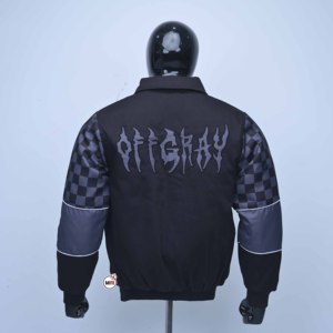 Custom Design <b>Mens</b> Black Bomber <b>Jacket</b> With Checkered Sleeves And OXG Patch Streetwear Style Autumn Wear Zipper Closure <b>Jackets</b> - Product Image 2