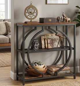 Rustic Wood Industrial 3 Tier Round Geometric Metal Console <b>Table</b> Entryway <b>Sofa</b> <b>Side</b> <b>Table</b> Hallway Display Shelf Decor - Product Image 2