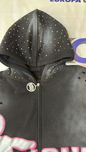 Custom Zipper <b>Puller</b> Fashion Sun Faded Dtf Print Hoodie Streetwear Distressed 100% Cotton Rhinestone Hoodie - Product Image 2