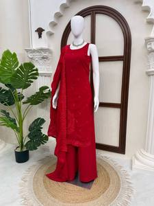 Conjunto de Salwar Kameez Pakistaní Rojo con Encaje Bordado, Ropa Étnica para Mujer, Atuendo Casual para Fiesta - Product Image 6