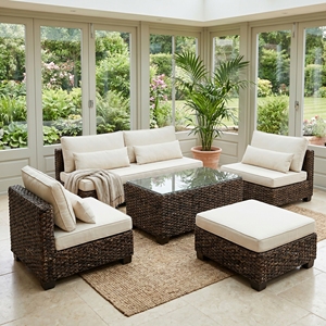 Juego de Sofás Blora de 5 Piezas con Estructura de Madera de Caoba, Mimbre de Jacinto de Agua, Tela Ksvw, Mesa de Vidrio Estándar, Muebles de Patio Premium - Product Image 4
