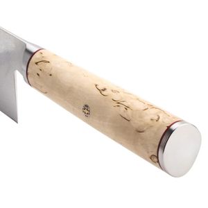Cuchillo Bunka de 6.5 pulgadas con mango de grano beige, hoja con patrón de remolino plateado, anillo de acento rojo y tapa final plateada para preparación de vegetales - Product Image 2