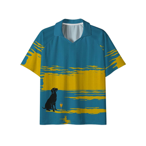 เสื้อโปโลยูนิเซ็กซ์สีน้ำเงินเหลืองพิมพ์ลายสุนัขและแก้วไวน์ แห้งเร็ว ใส่สบายสำหรับฤดูร้อน แขนสั้น ทรงปกติ สำหรับผู้ใหญ่ - Product Image 1