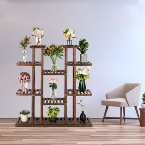 Multifunctional 11 Seat Vertical Shelf Flower Display Rack <b>Holder</b> 6-Story Carbonized Wood Plant Stand for Flower <b>Pots</b> & Planters - Product Image 2
