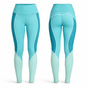 Leggings de Yoga de Cintura Alta con Spandex, Corte Completo, Bloques de Color Verde Azulado y Menta, Costuras en Contraste, Pantalones Elásticos en Cuatro Direcciones - Product Image 1