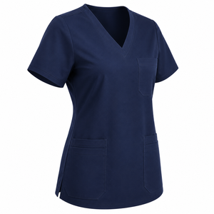Haut de blouse médicale personnalisé pour femme avec logo, col en V, manches courtes, poches utilitaires, couleur unie, pour clinique - Product Image 3