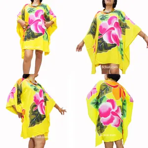 Wholesale Price Casual Women Fashion Poncho Top Dress Rayon Hand Painting with Big Flower Dresses Background From Bali