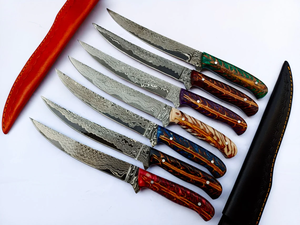 Handmade Damascus Steel Fillet Knife Set Professional Fish Fillet Knives with Pine Cone Resin Handle Genuine <b>Leather</b> Sheath - Product Image 4